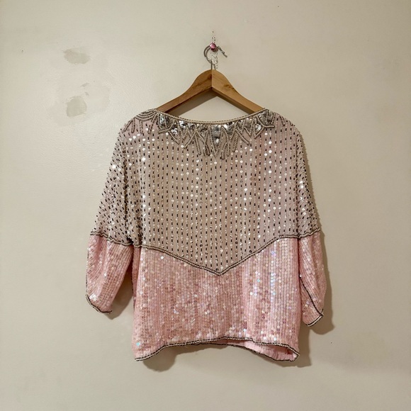 Vintage 90s Neiman Marcus Pink and Silver Sequin Silk Blouse Top Shirt Medium - Picture 6 of 8